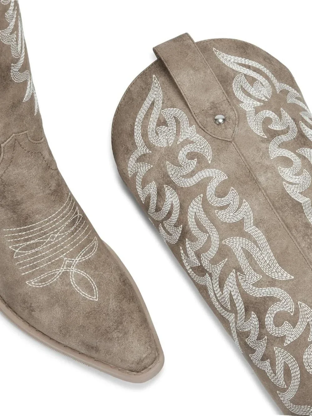 Women's Khaki Knee High Western Cowboy Boots with Embroidered Pointed Toe - Picture 5 of 6